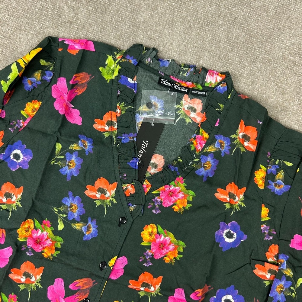 Tolani Collection Blouse Top Womens Small Black Floral Ruffled Trim Button Front
